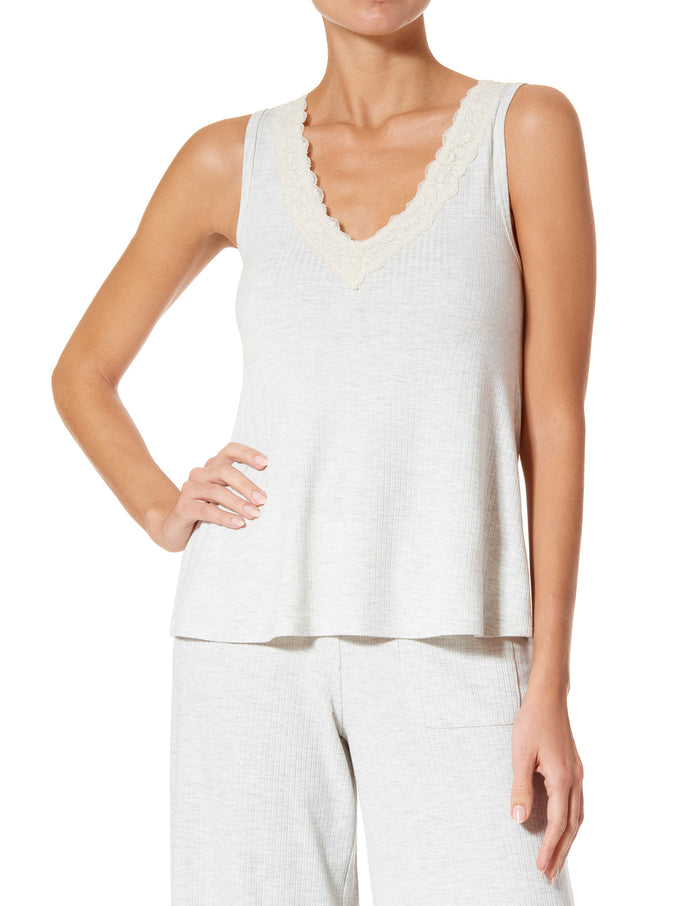HUE Ribbed Lace Trim Swing Pajama Tank