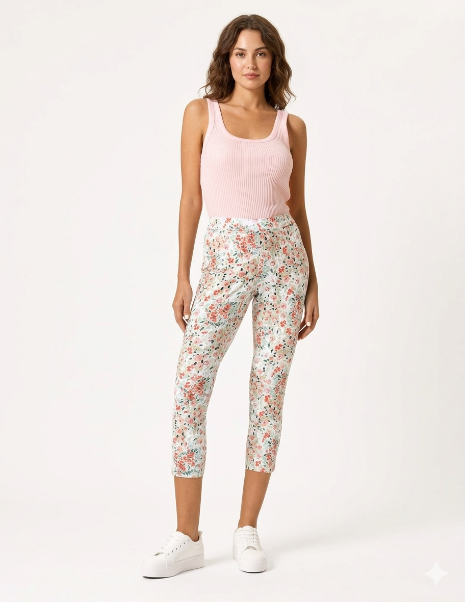 HUE Floral Essential Denim Mid-Rise Capri Legging
