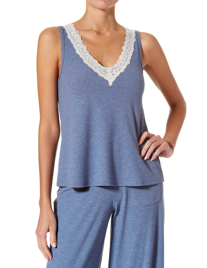 HUE Ribbed Lace Trim Swing Pajama Tank