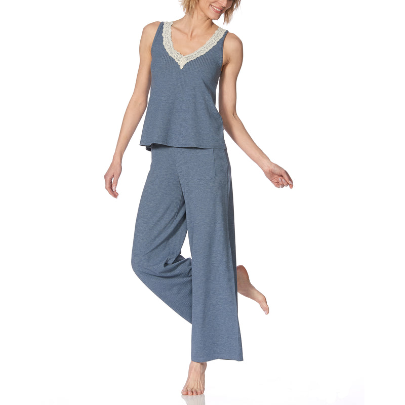 HUE Ribbed Lace Trim Swing Pajama Tank
