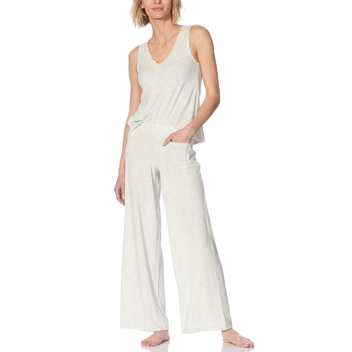 HUE Ribbed Lace Trim Swing Pajama Tank