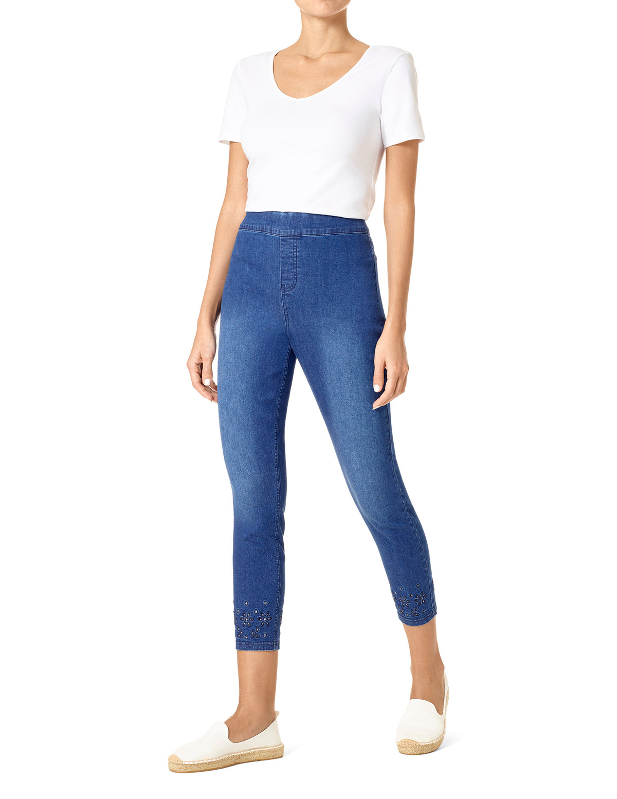 HUE Embroidered Eyelet Hem Denim