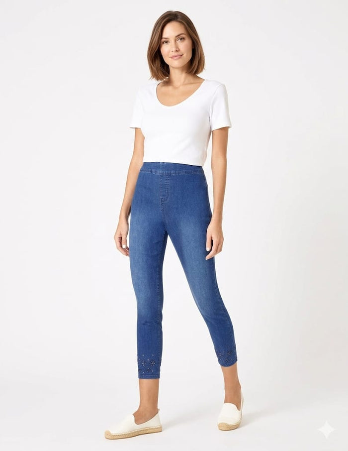 HUE Embroidered Eyelet Hem Denim