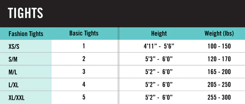 Size chart for this HUE hosiery style