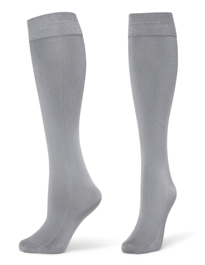 A pair of light gray knee-high socks displayed on invisible forms against a plain white background.