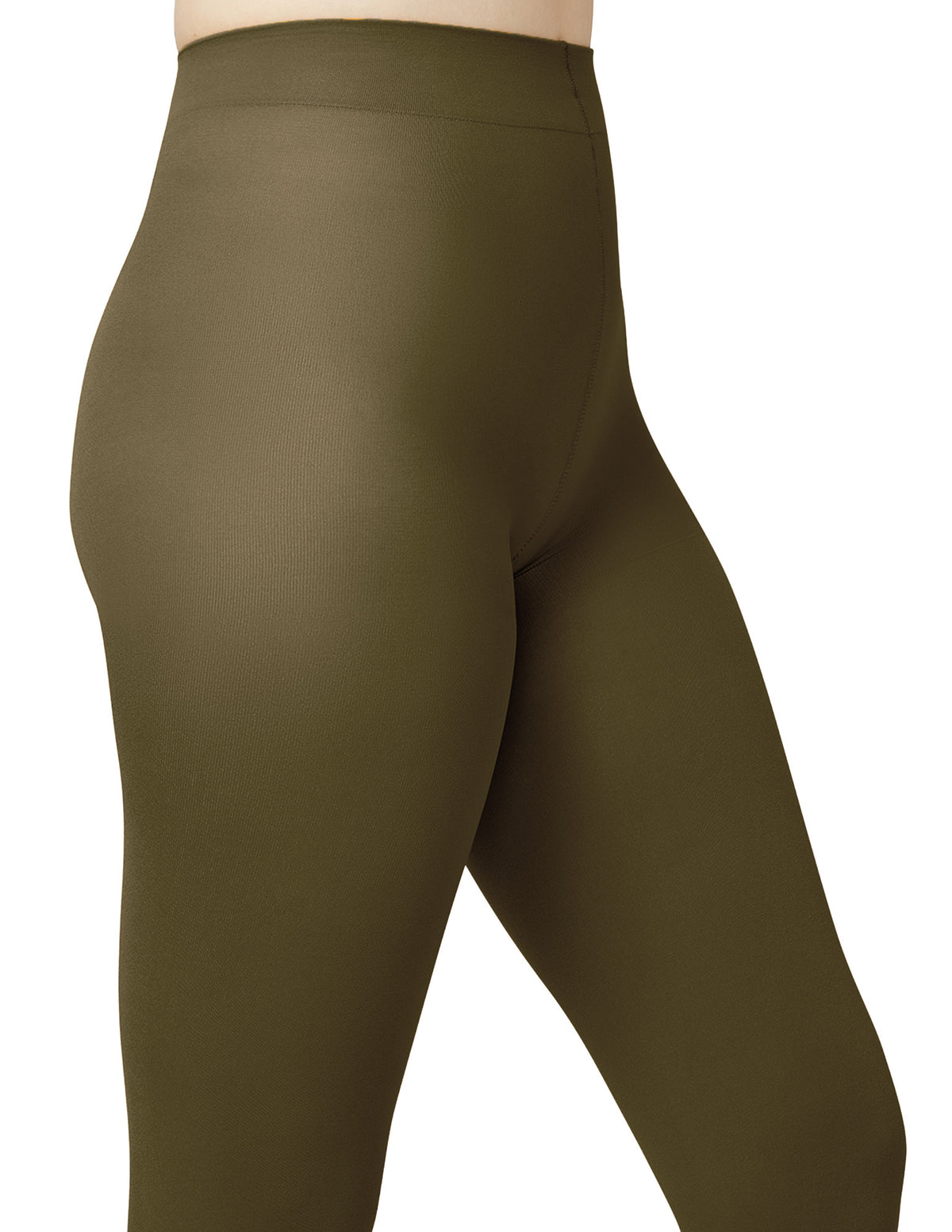 Close-up side view of a person wearing olive green high-waisted leggings against a plain white background.